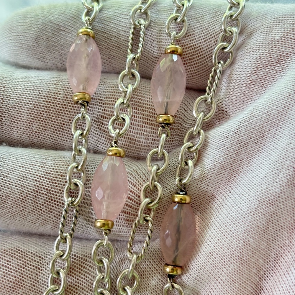 David Yurman 925 & 18k Gold Bijoux Station Necklace with Rose Quartz 34" - Picture 2 of 9